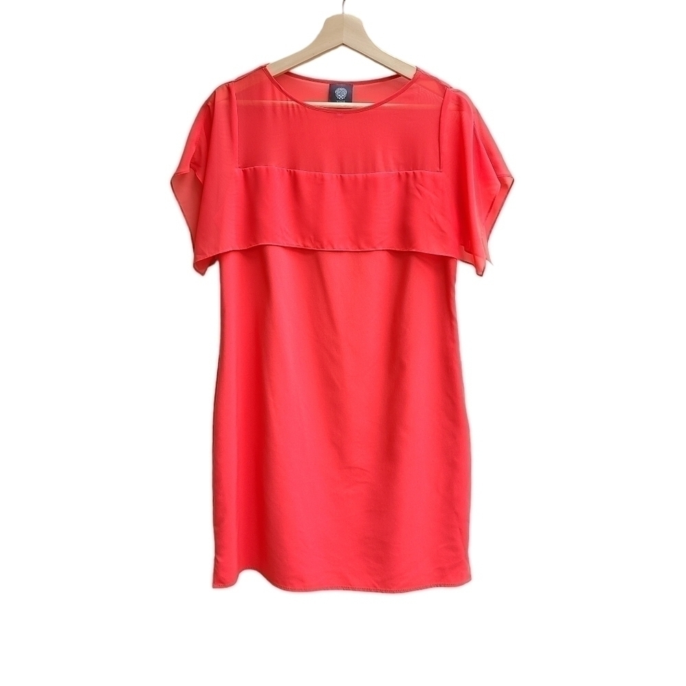 Vince Camuto Coral Shift Dress with Sheer Top Ruffle, Size Medium